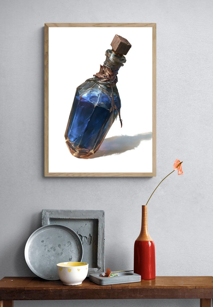 Blue Glass Bottle Illustration Poster. — room view 3