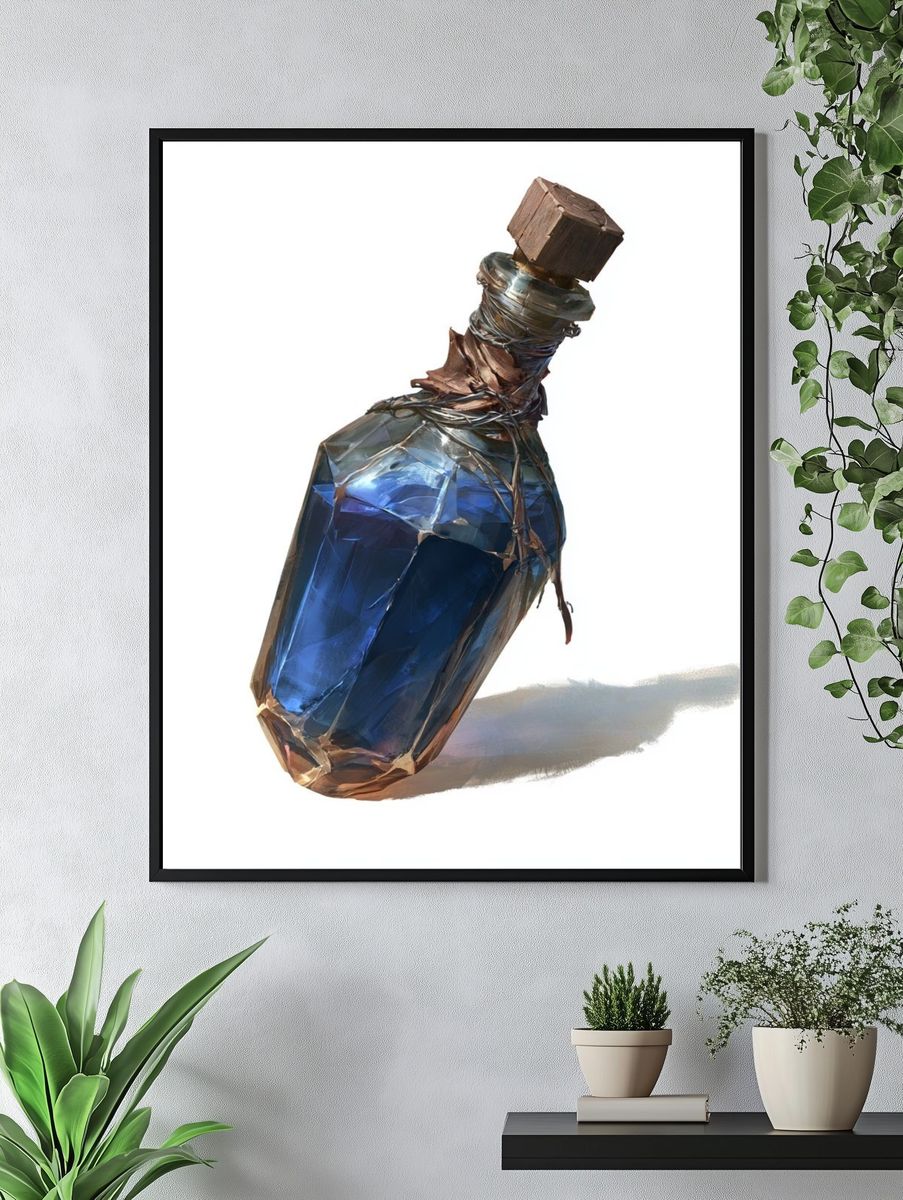 Blue Glass Bottle Illustration Poster. — room view 4