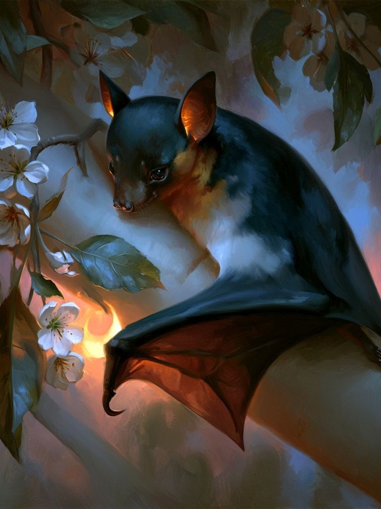 Bat in Blossom Branches Illustration Poster. poster detail