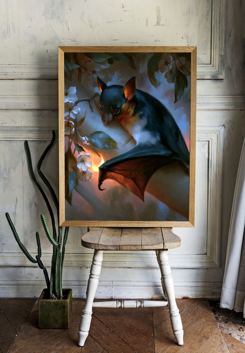 Bat in Blossom Branches Illustration Poster. — room view 1