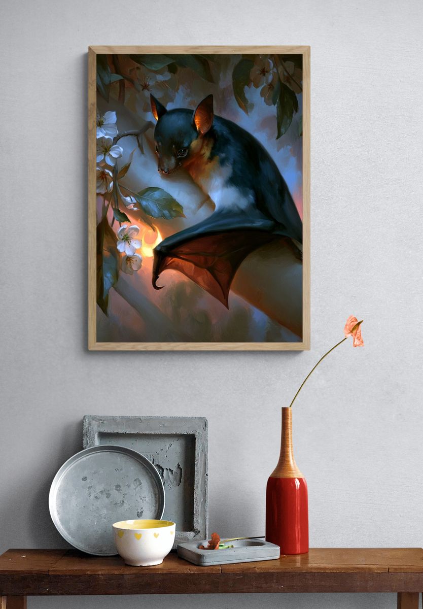 Bat in Blossom Branches Illustration Poster. — room view 3