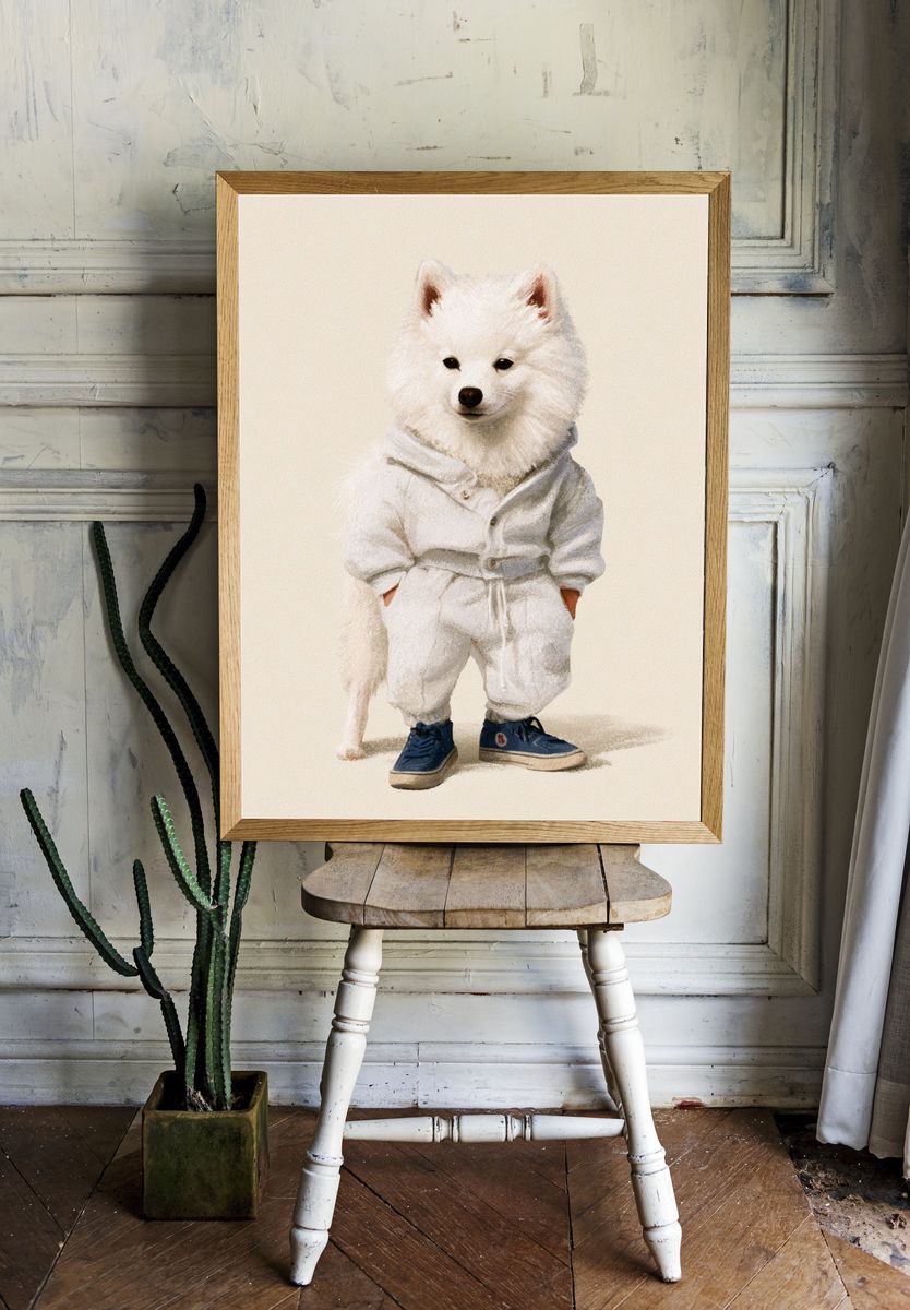 White Dog in Tracksuit Illustration Poster. — room view 1
