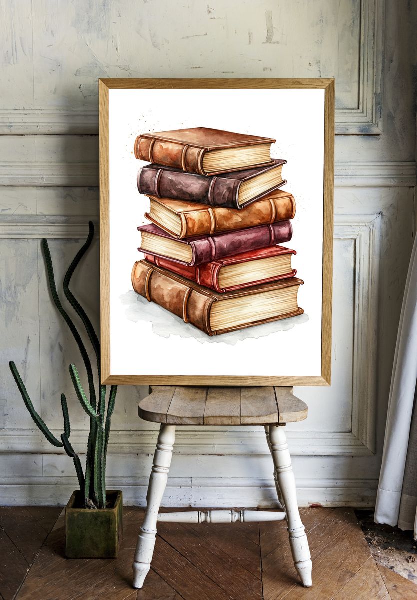 Stacked Books Watercolor Poster. — room view 1