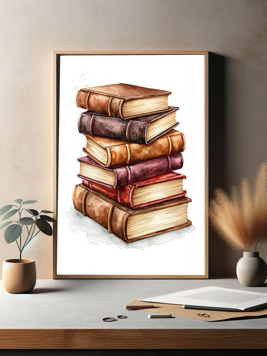 Stacked Books Watercolor Poster. — room view 2