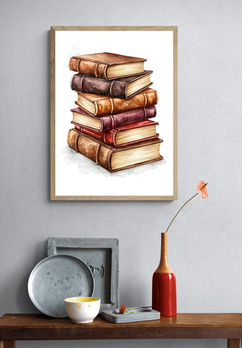 Stacked Books Watercolor Poster. — room view 3