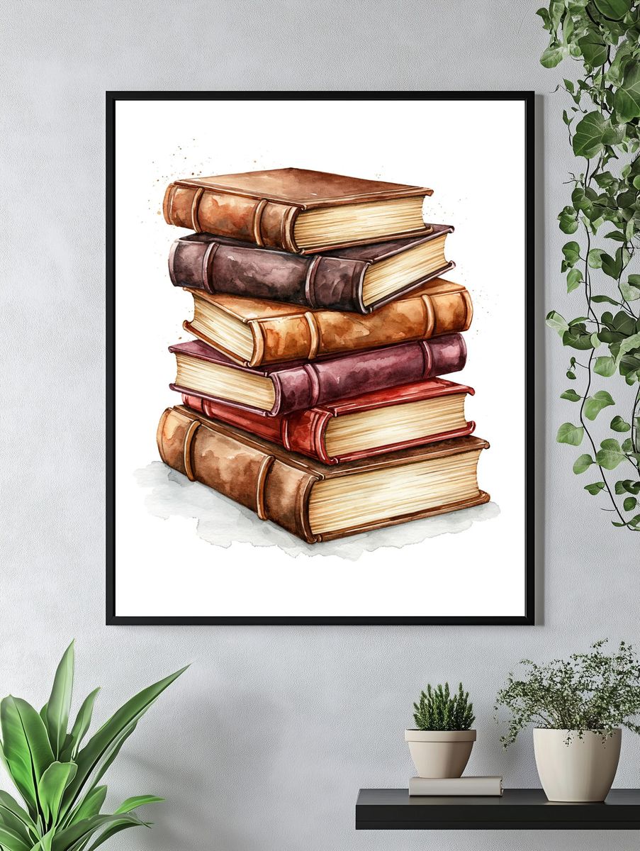 Stacked Books Watercolor Poster. — room view 4