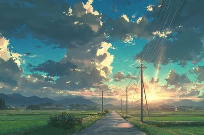 Sunset Rice Fields Illustration Poster. poster print