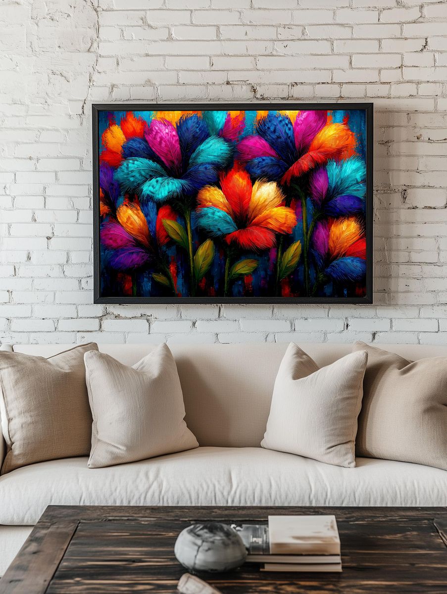 Neon Feather Blooms Illustration Poster. room preview