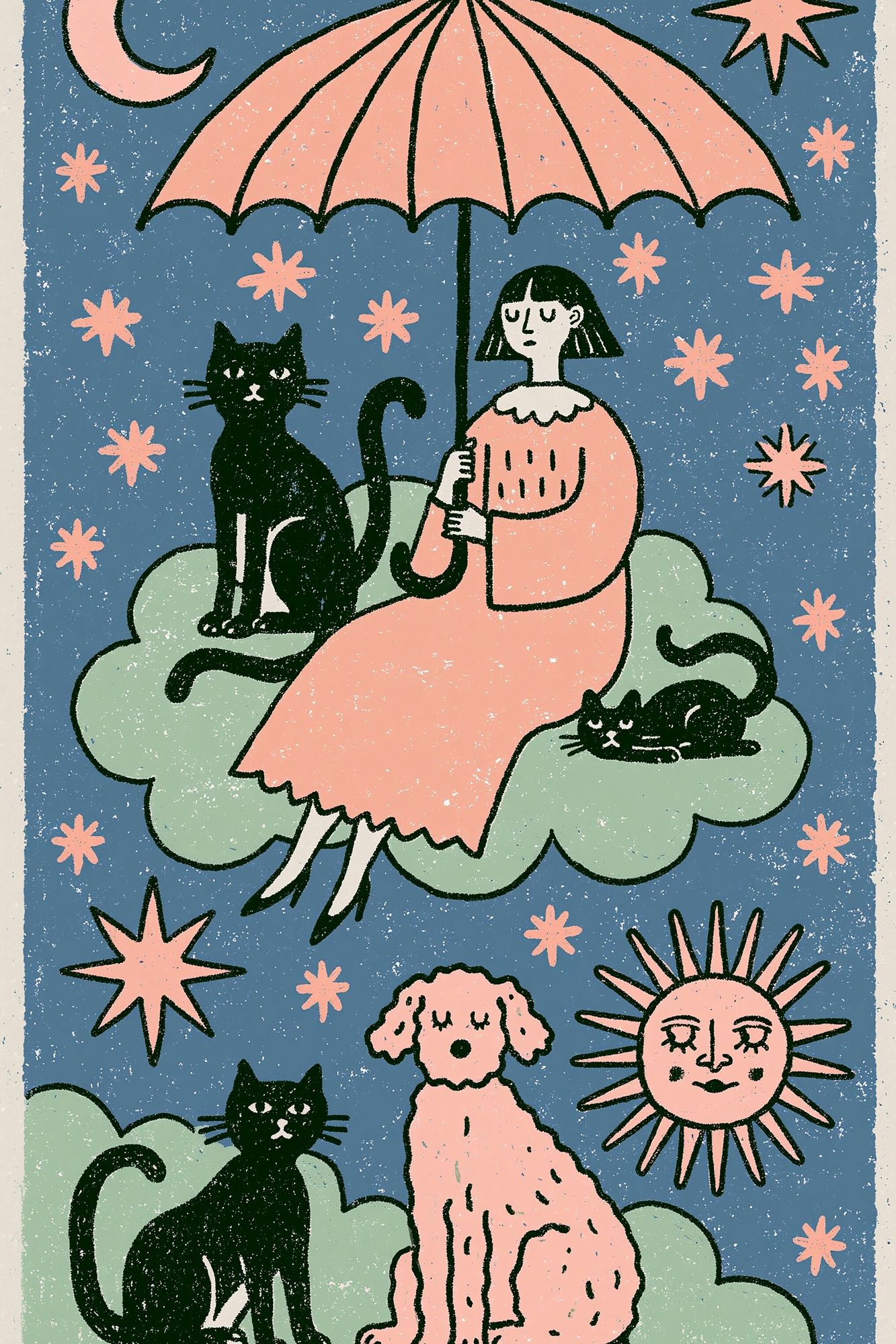 Celestial Cats and Girl Illustration Poster. poster — illustration art