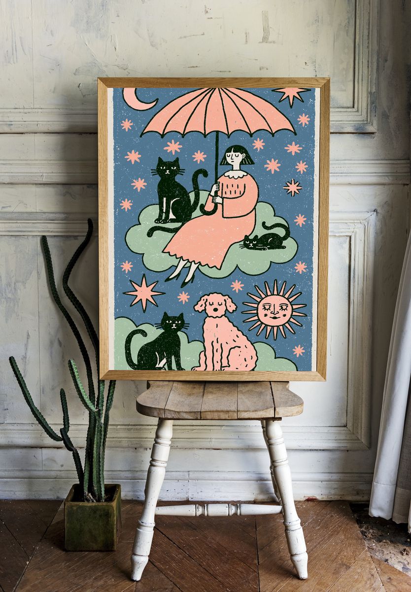 Celestial Cats and Girl Illustration Poster. — room view 1