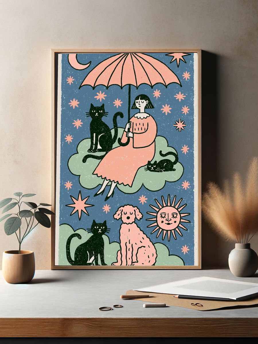 Celestial Cats and Girl Illustration Poster. — room view 2