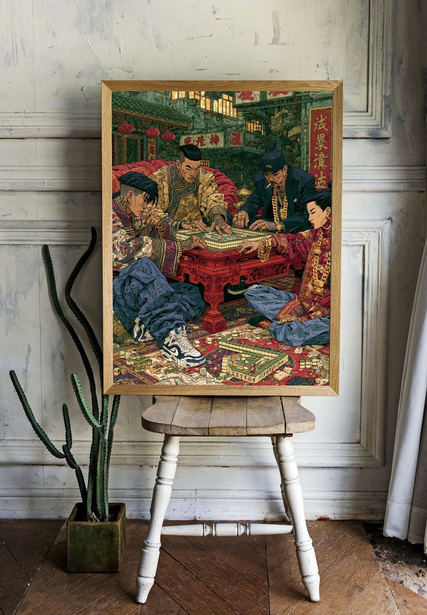 Street Mahjong Scene Illustration Poster. room preview
