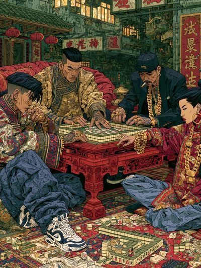 Street Mahjong Scene Illustration Poster. poster