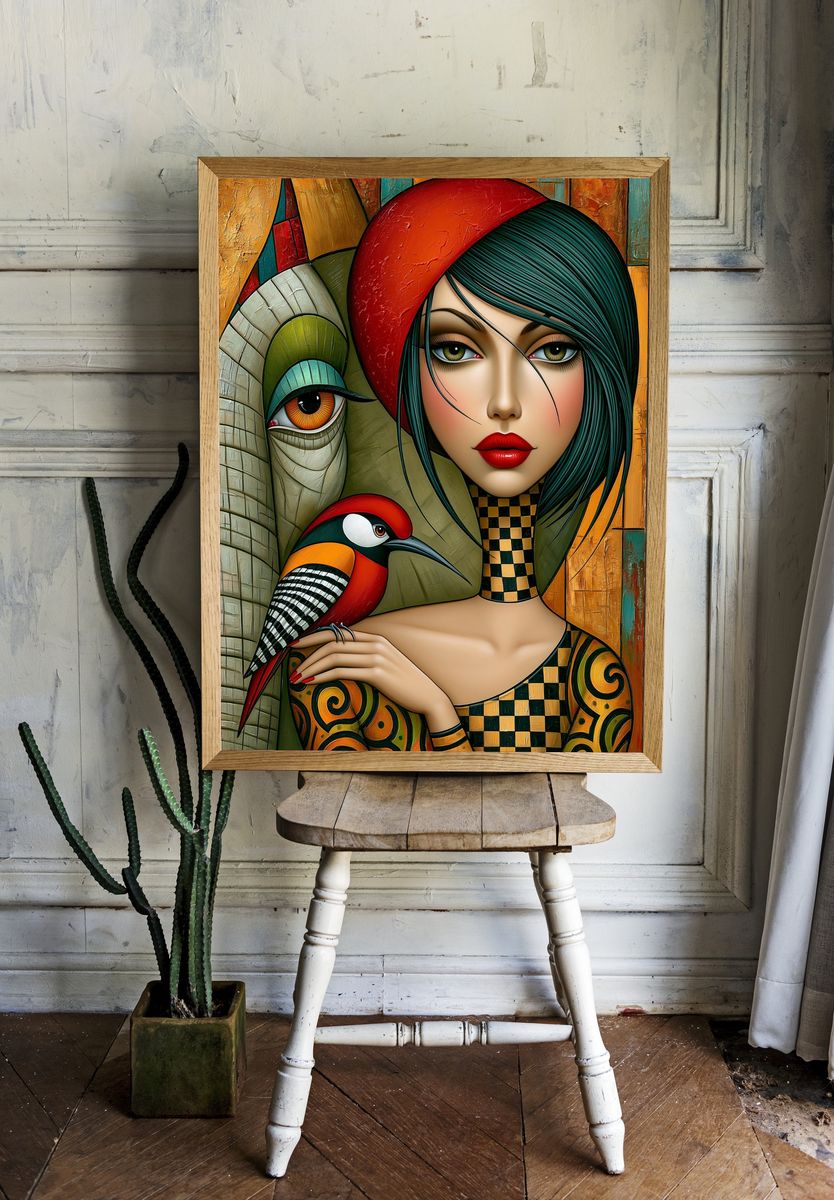 Surreal Woman and Bird Illustration Poster. — room view 1