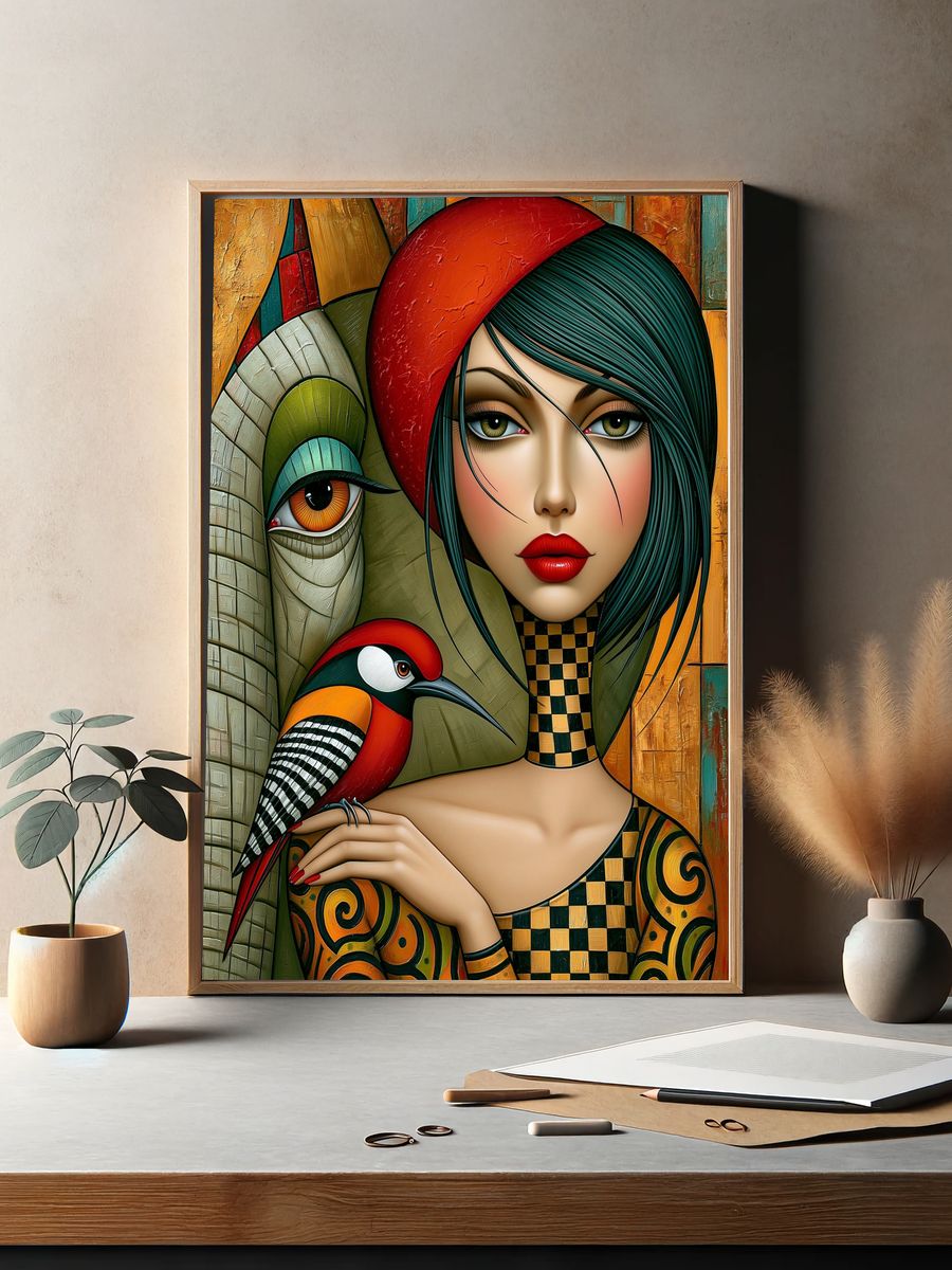 Surreal Woman and Bird Illustration Poster. — room view 2