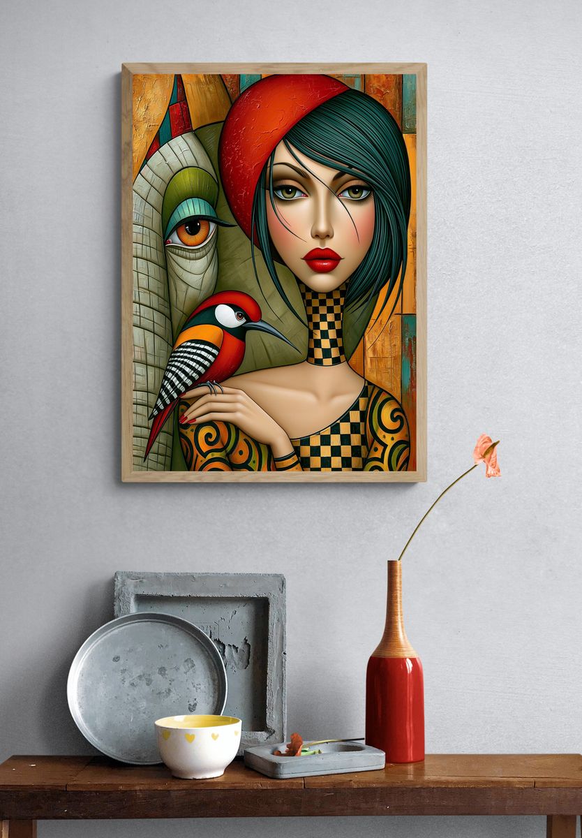 Surreal Woman and Bird Illustration Poster. — room view 3