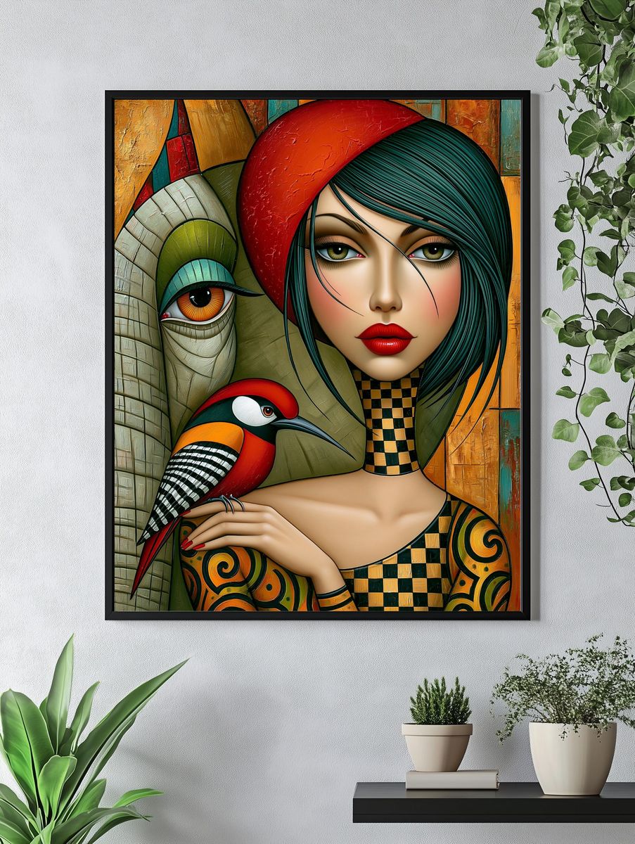 Surreal Woman and Bird Illustration Poster. — room view 4