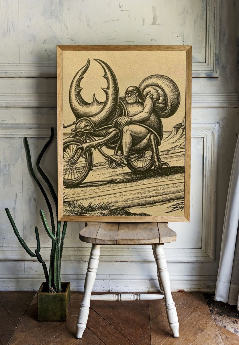 Surreal Snail Rider Vintage Print. room preview