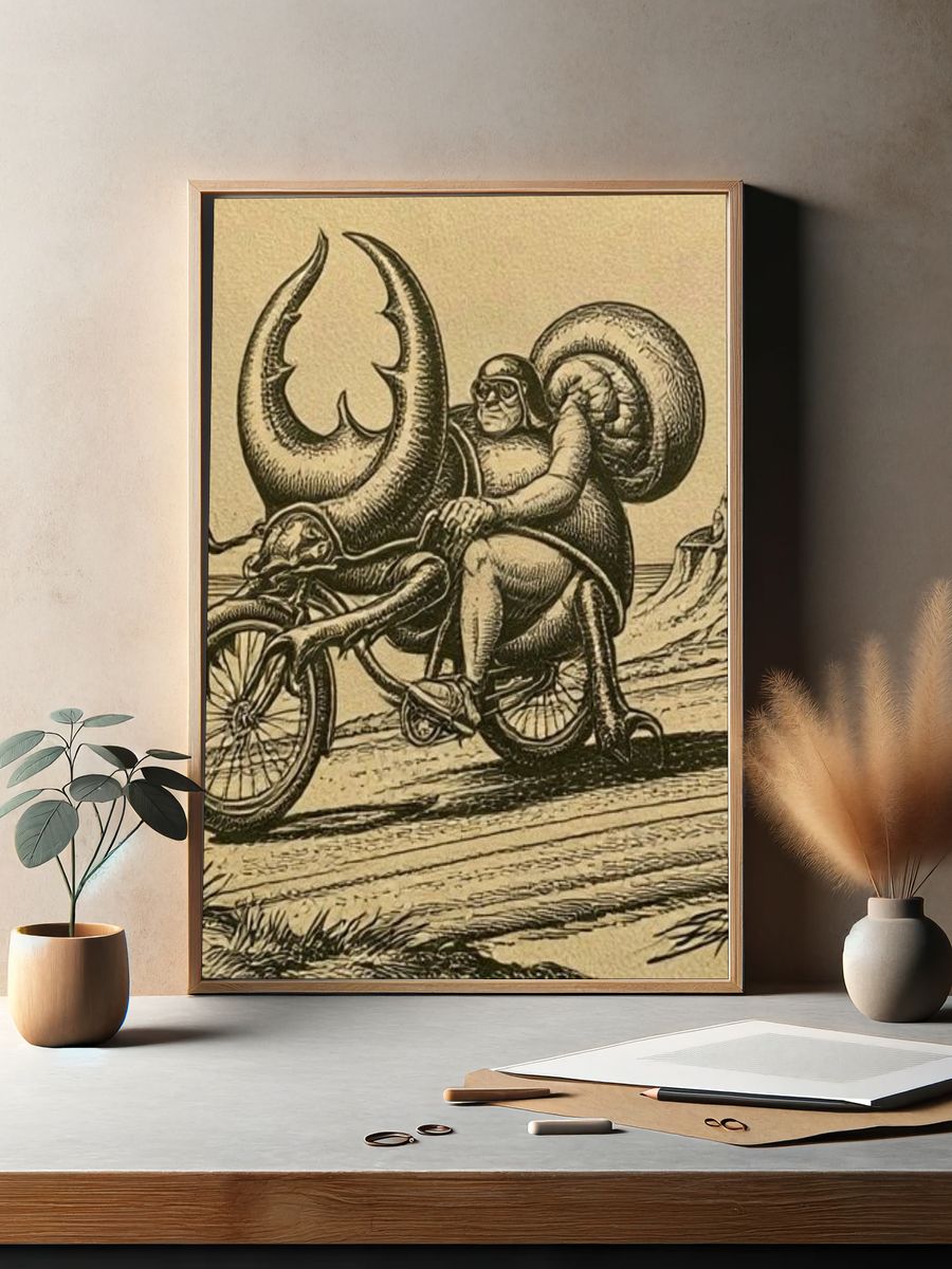 Surreal Snail Rider Vintage Print. — room view 2