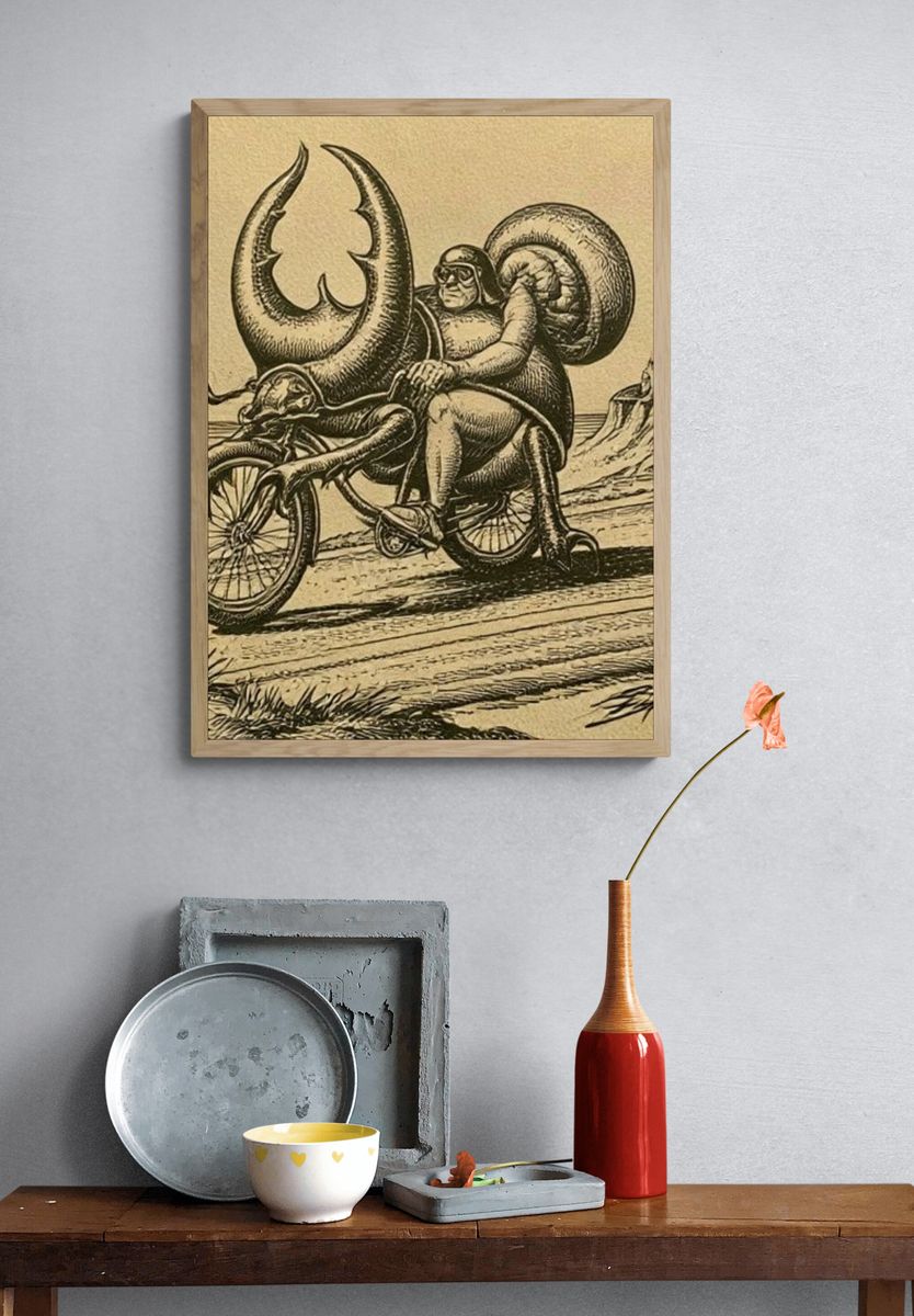 Surreal Snail Rider Vintage Print. — room view 3