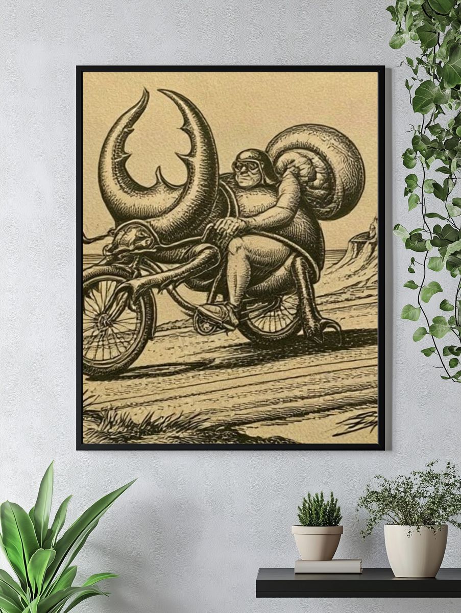 Surreal Snail Rider Vintage Print. — room view 4