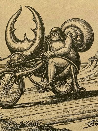 Surreal Snail Rider Vintage Print.
