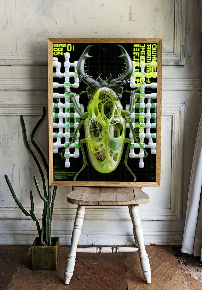 Neon Beetle Surrealism Print. room preview