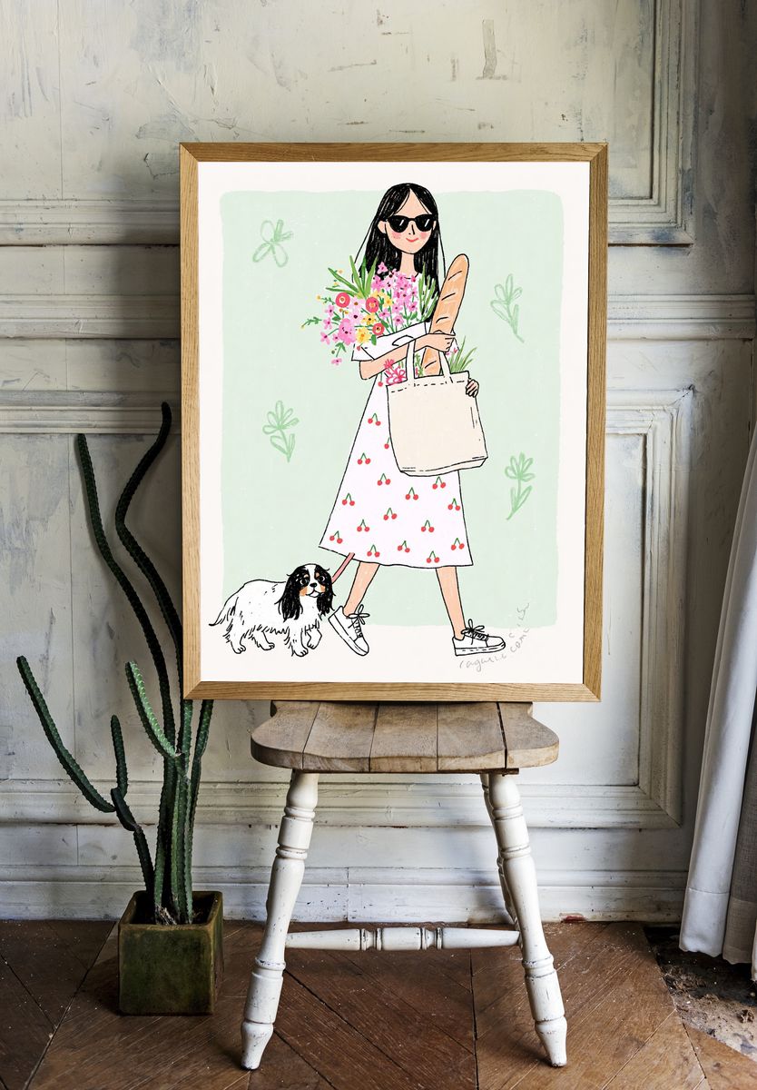 Fashion Girl and Dog Illustration Poster. — room view 1
