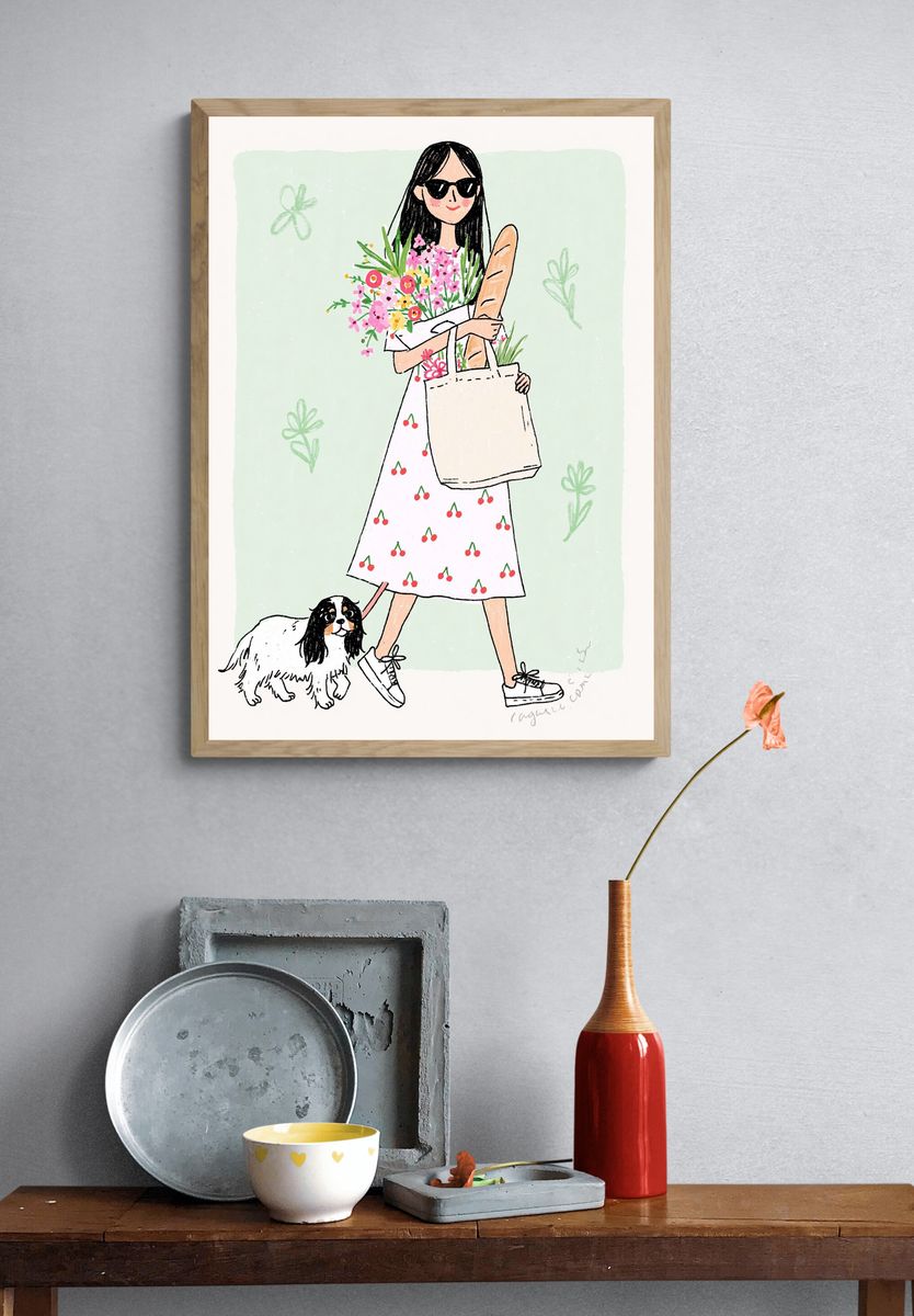 Fashion Girl and Dog Illustration Poster. — room view 3