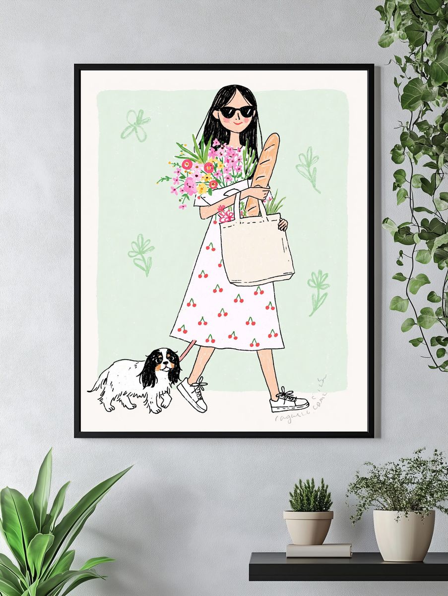 Fashion Girl and Dog Illustration Poster. — room view 4