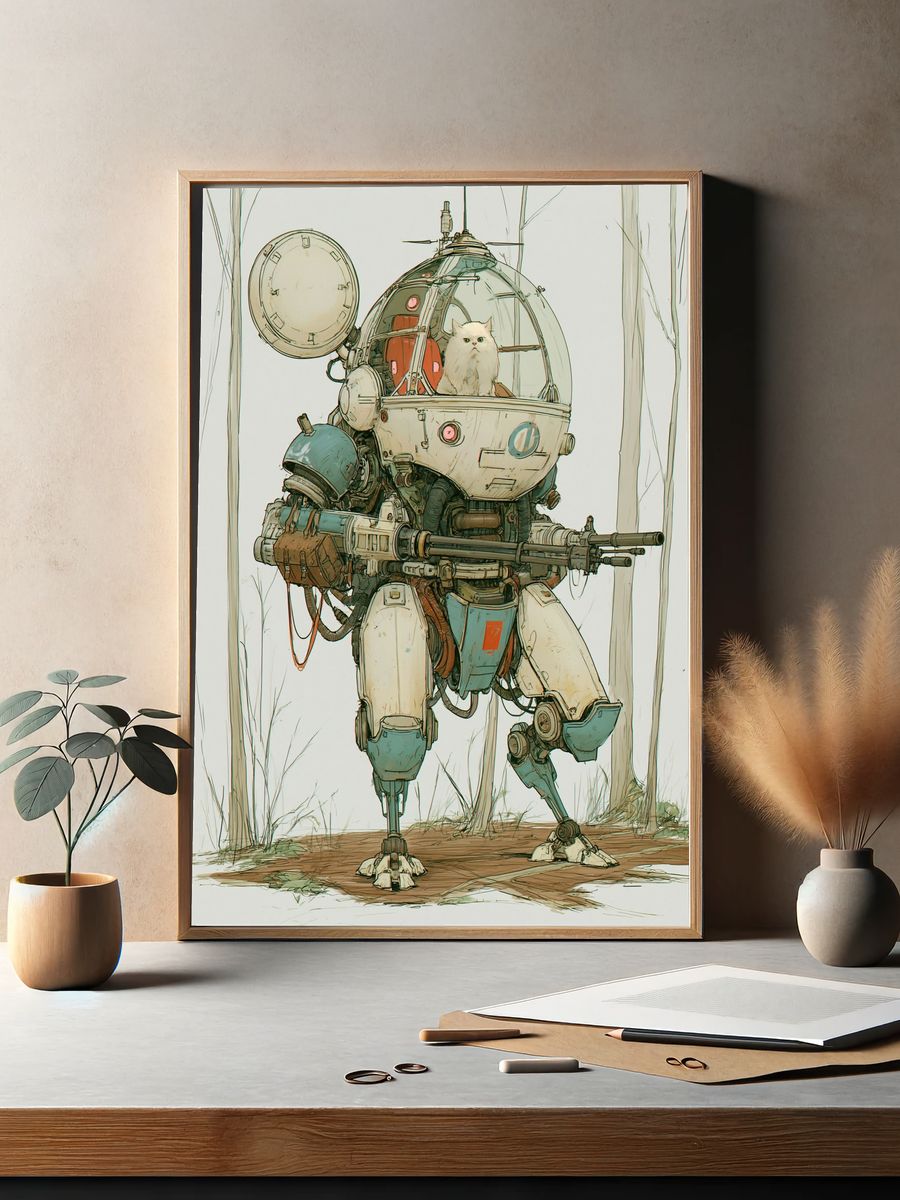 Armored Cat Mech Illustration Poster. — room view 2