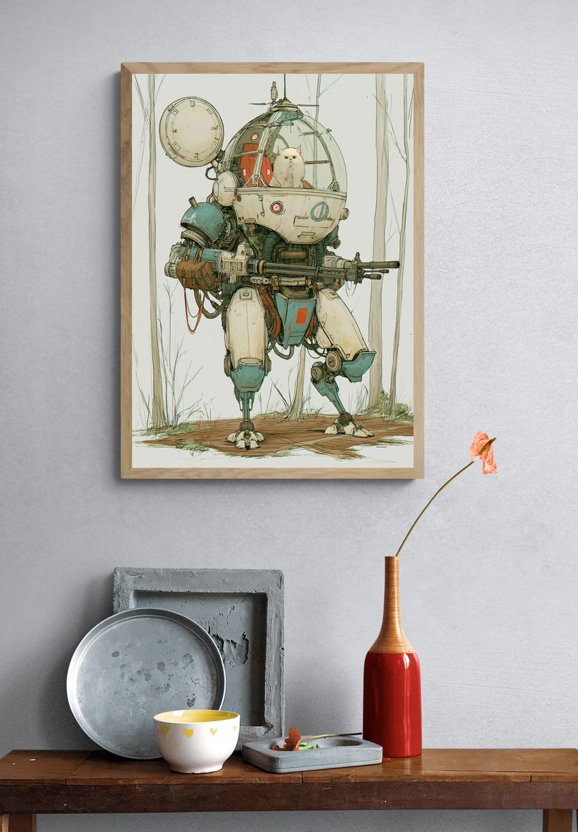 Armored Cat Mech Illustration Poster. — room view 3