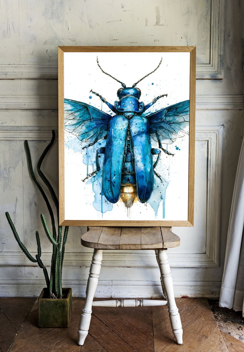 Blue Beetle Watercolor Print. room preview