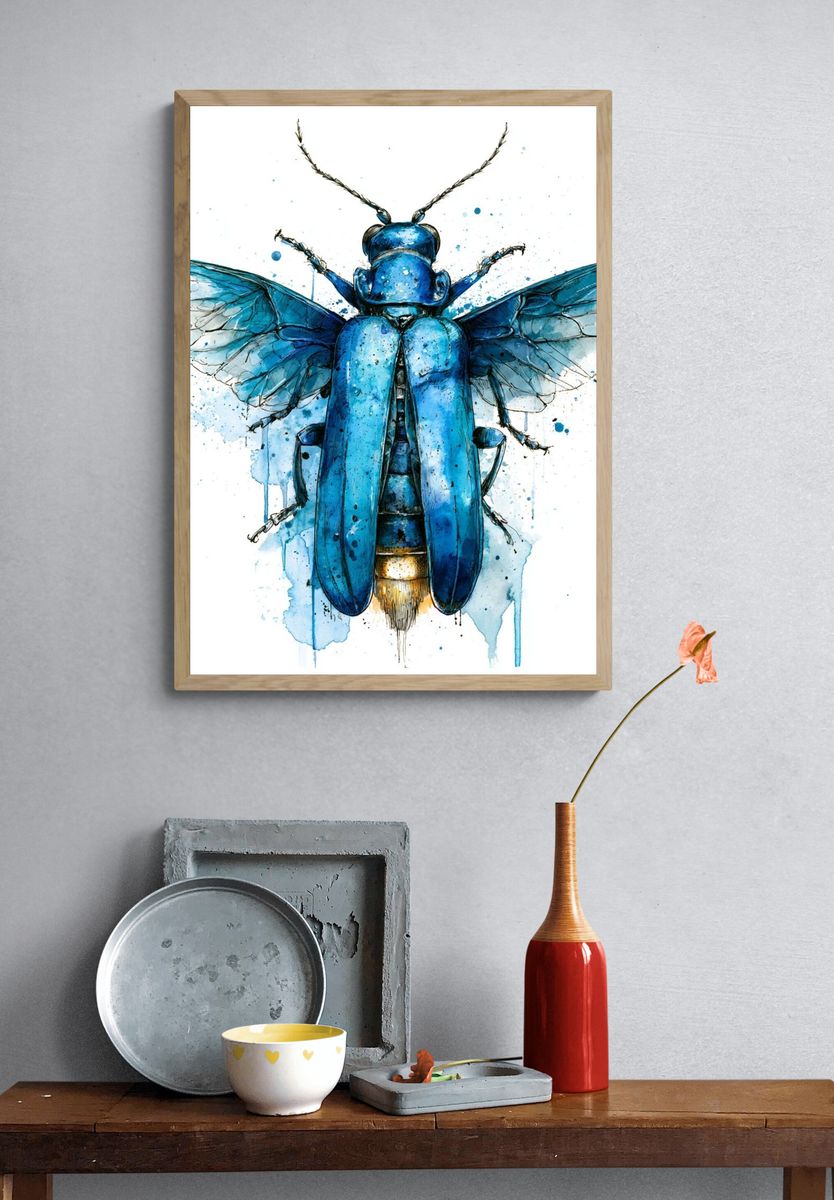 Blue Beetle Watercolor Print. — room view 3