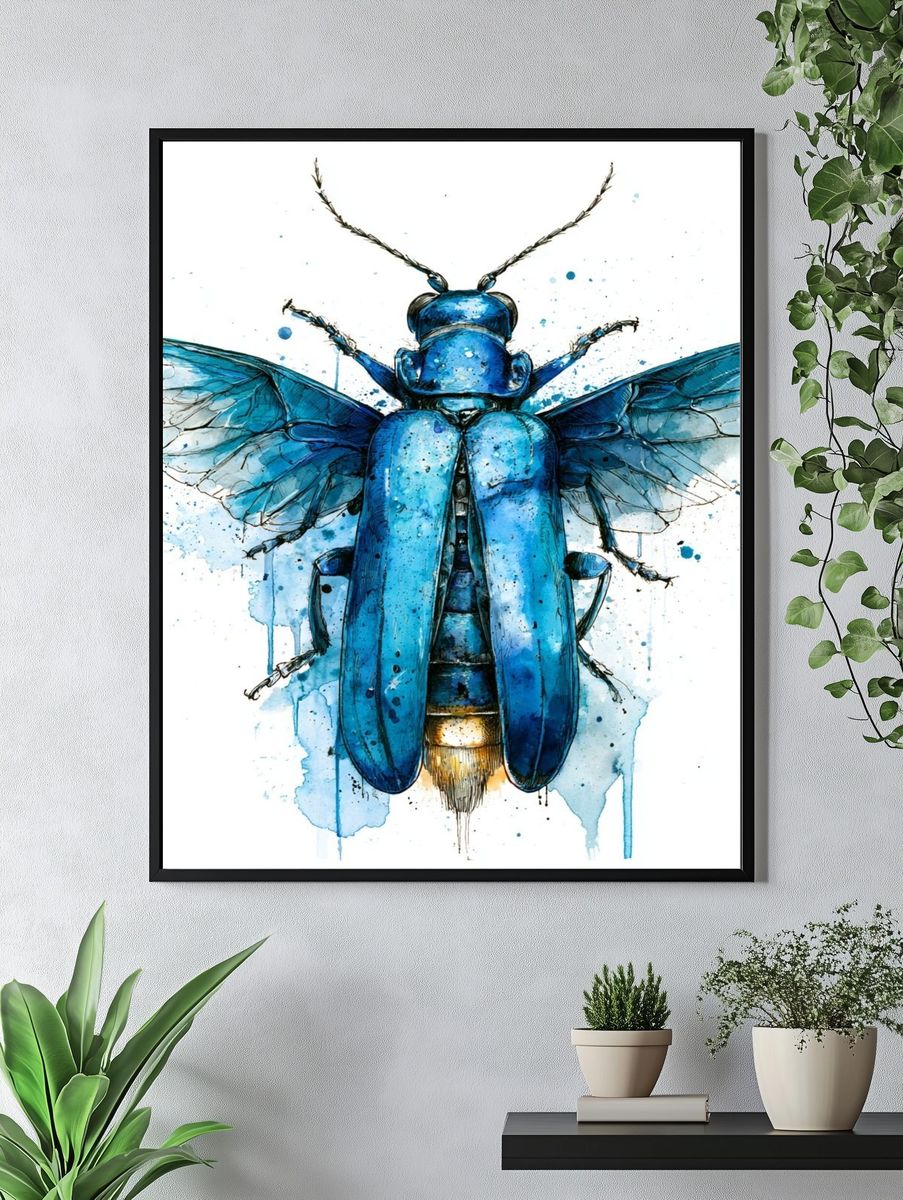 Blue Beetle Watercolor Print. — room view 4