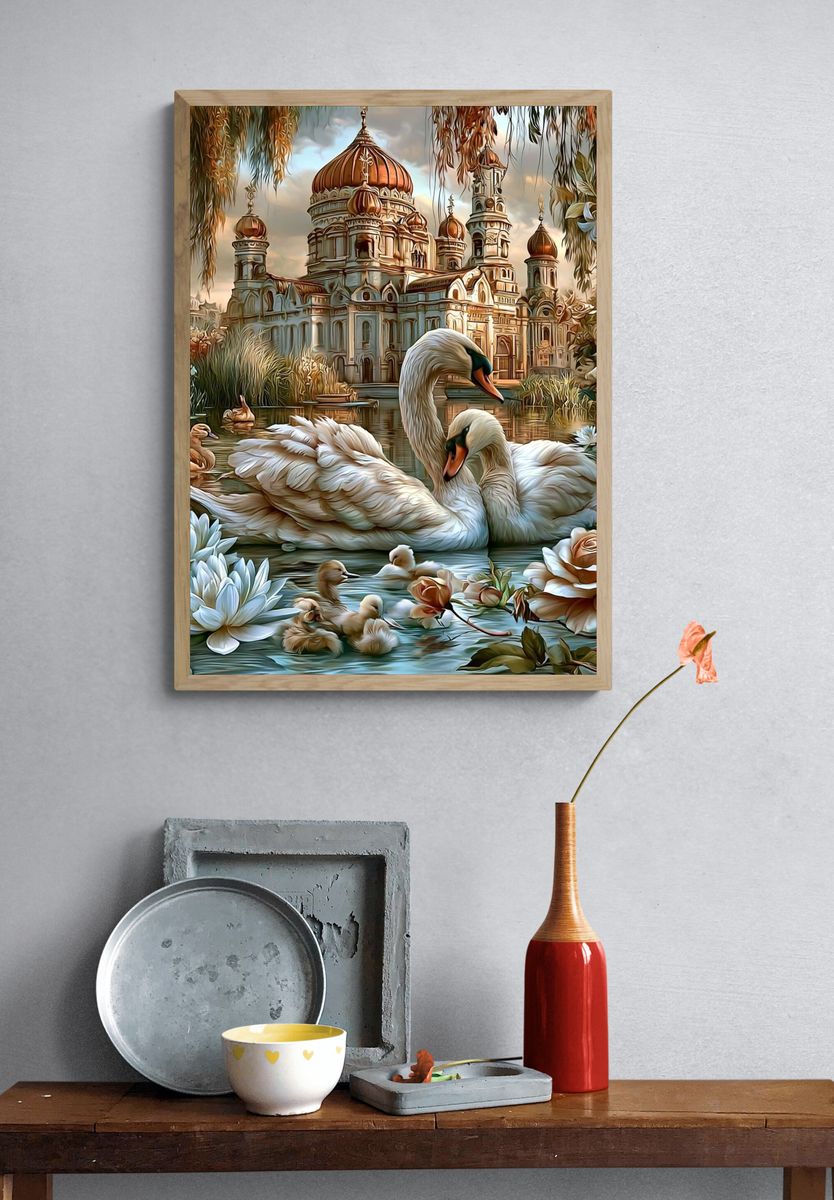 Swan Lake Temple Illustration Poster. — room view 3