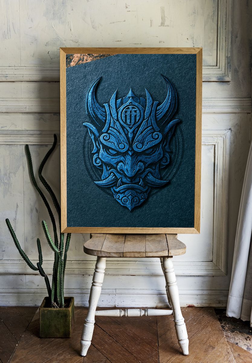 Blue Tribal Mask Illustration Poster. room preview