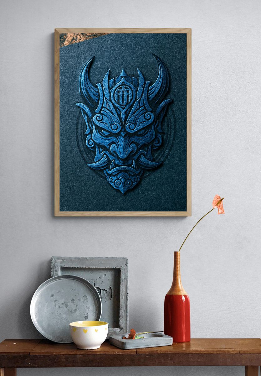 Blue Tribal Mask Illustration Poster. — room view 3