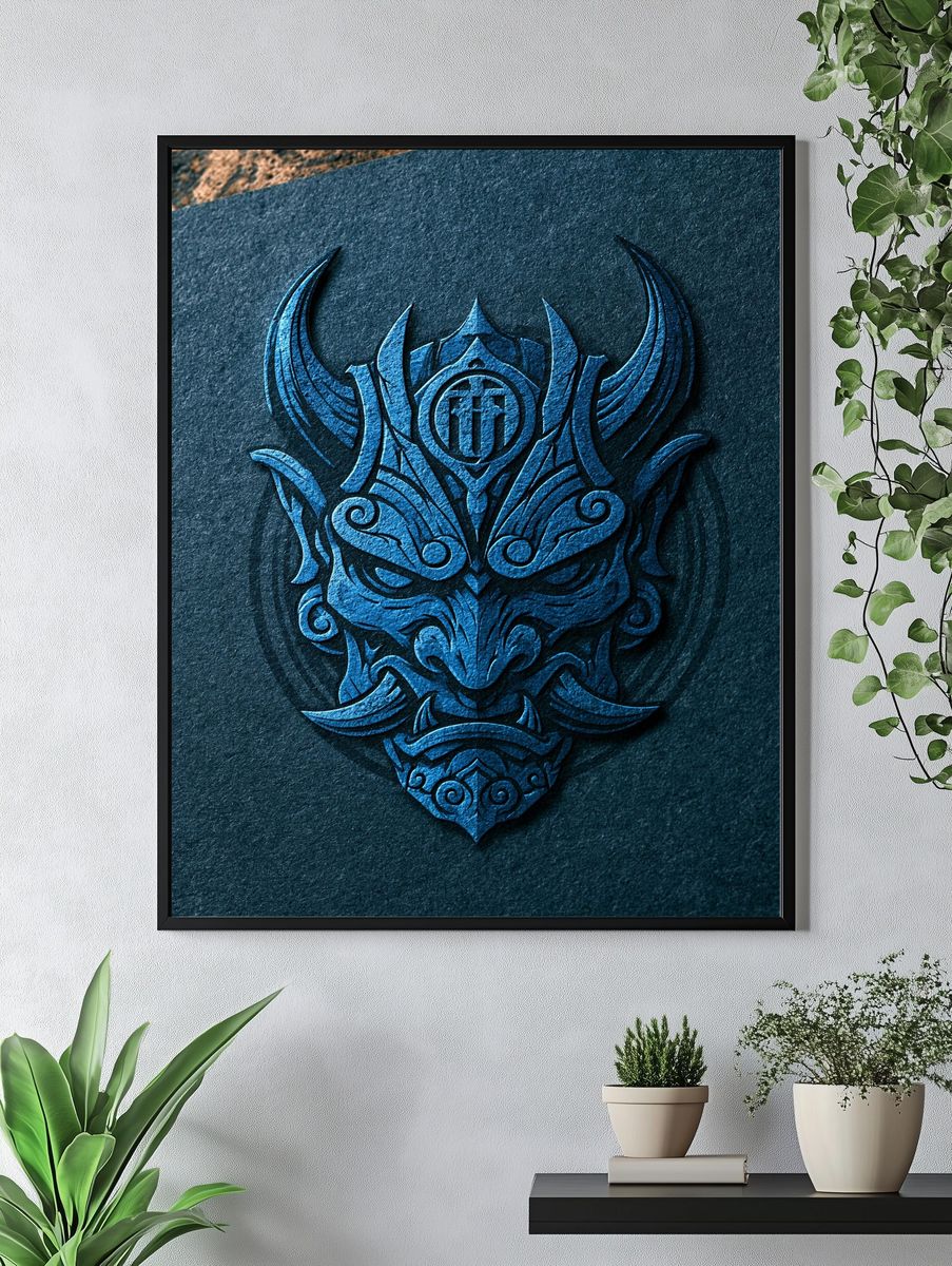 Blue Tribal Mask Illustration Poster. — room view 4