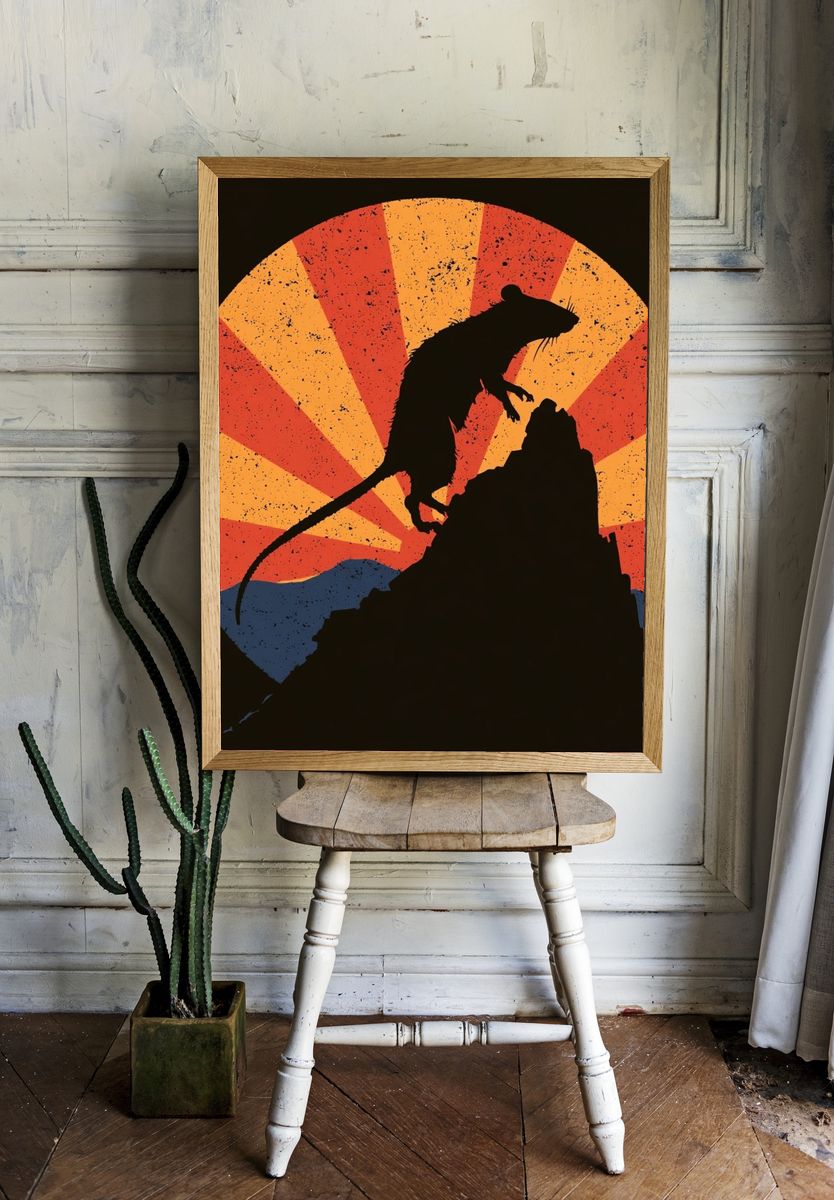 Rat on Rock Retro Illustration Poster. — room view 1