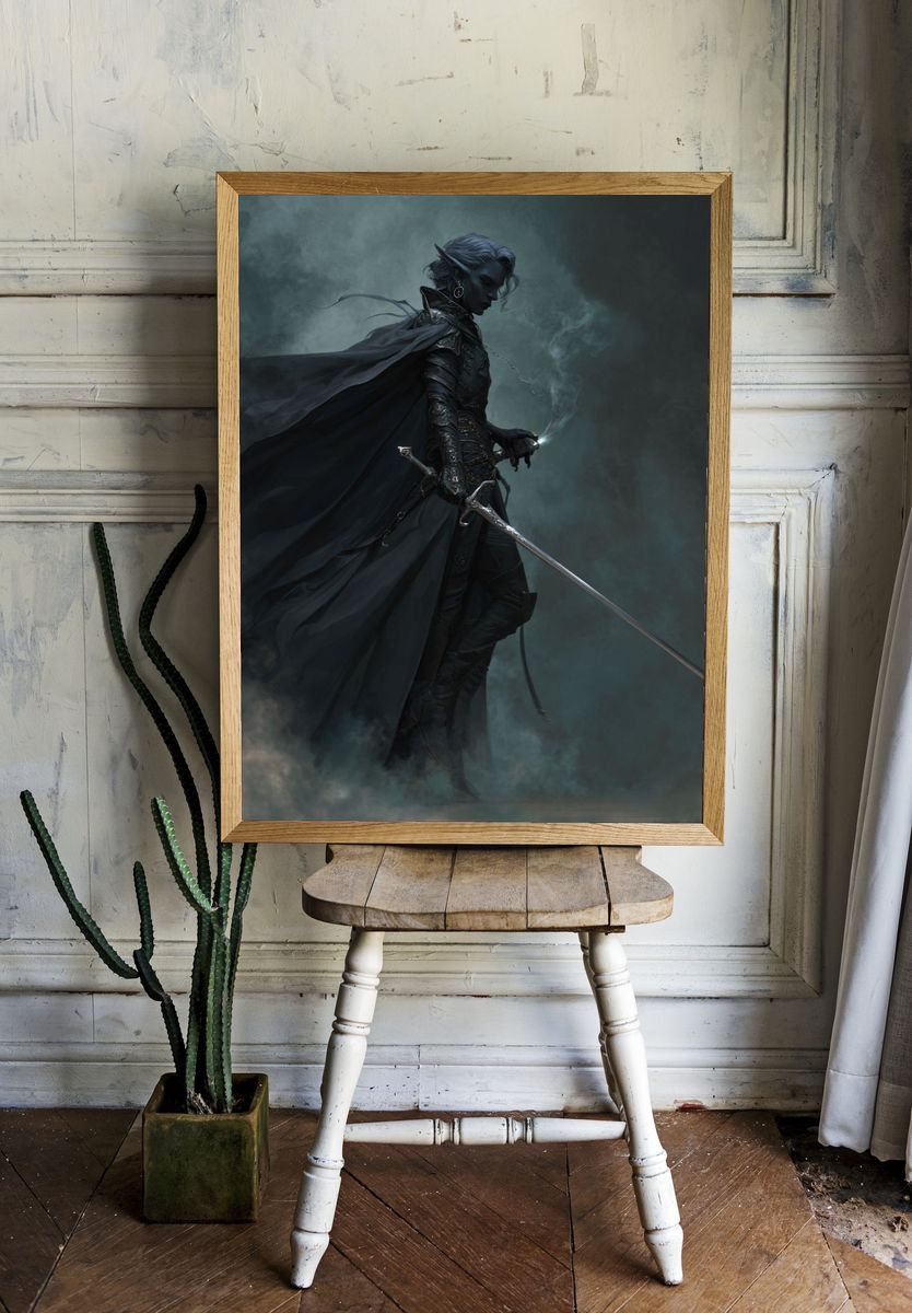 Dark Elf Warrior Fantasy Print. room preview