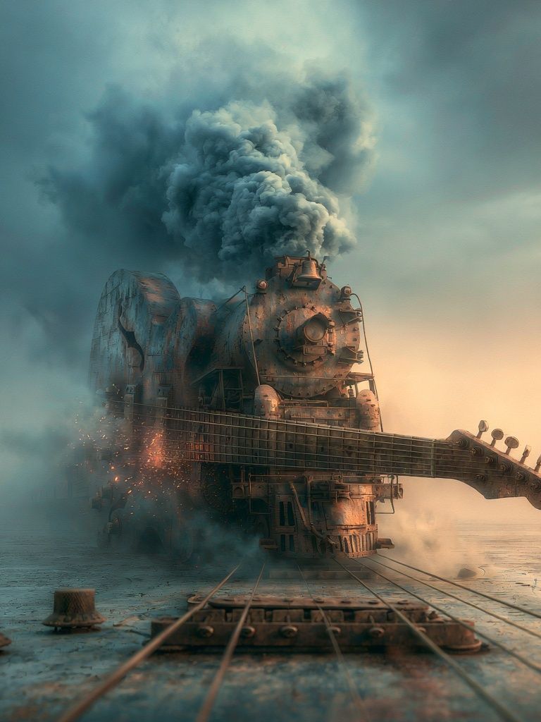 Steam Train Guitar Surrealism Print. poster — illustration art