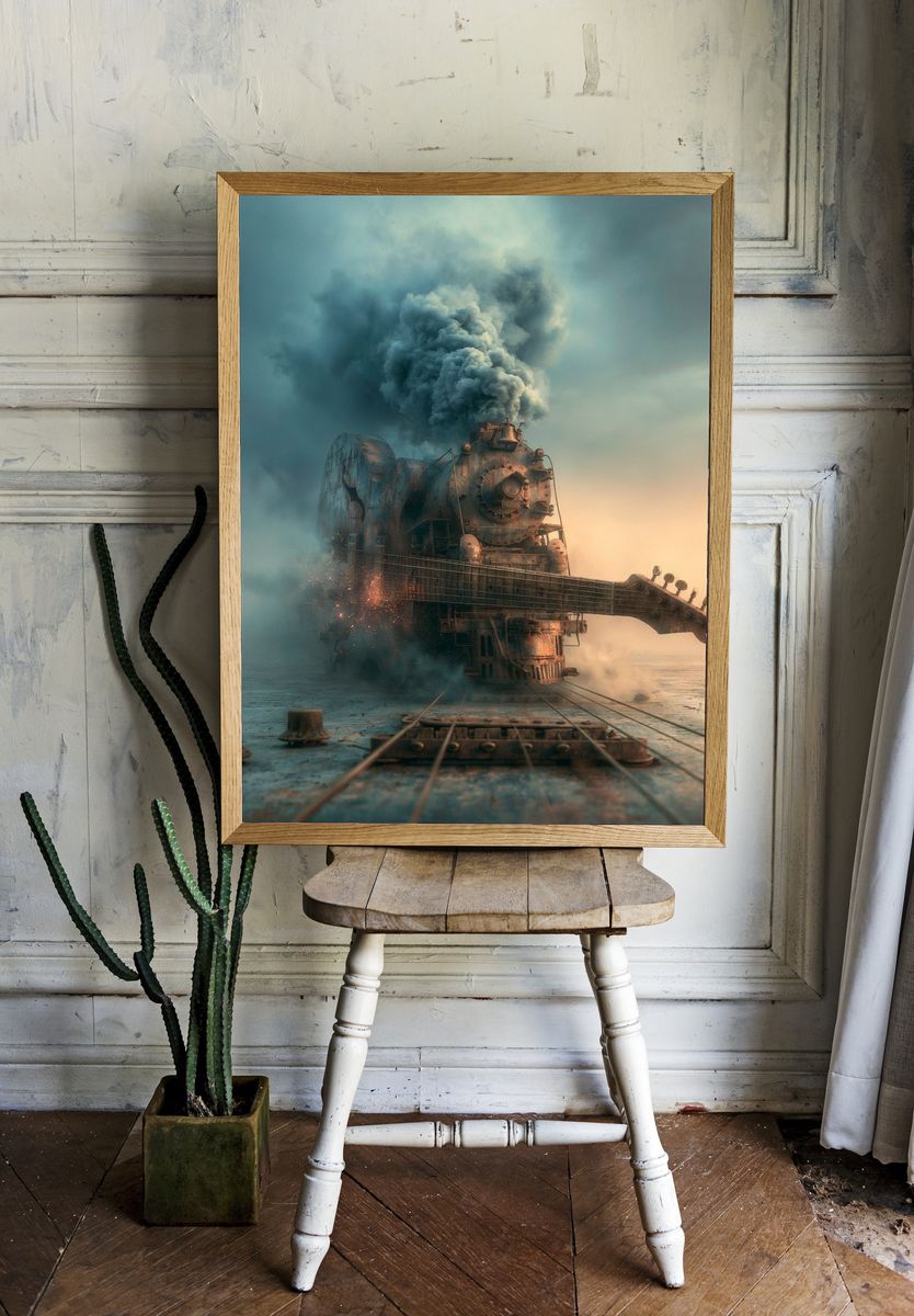 Steam Train Guitar Surrealism Print. room preview