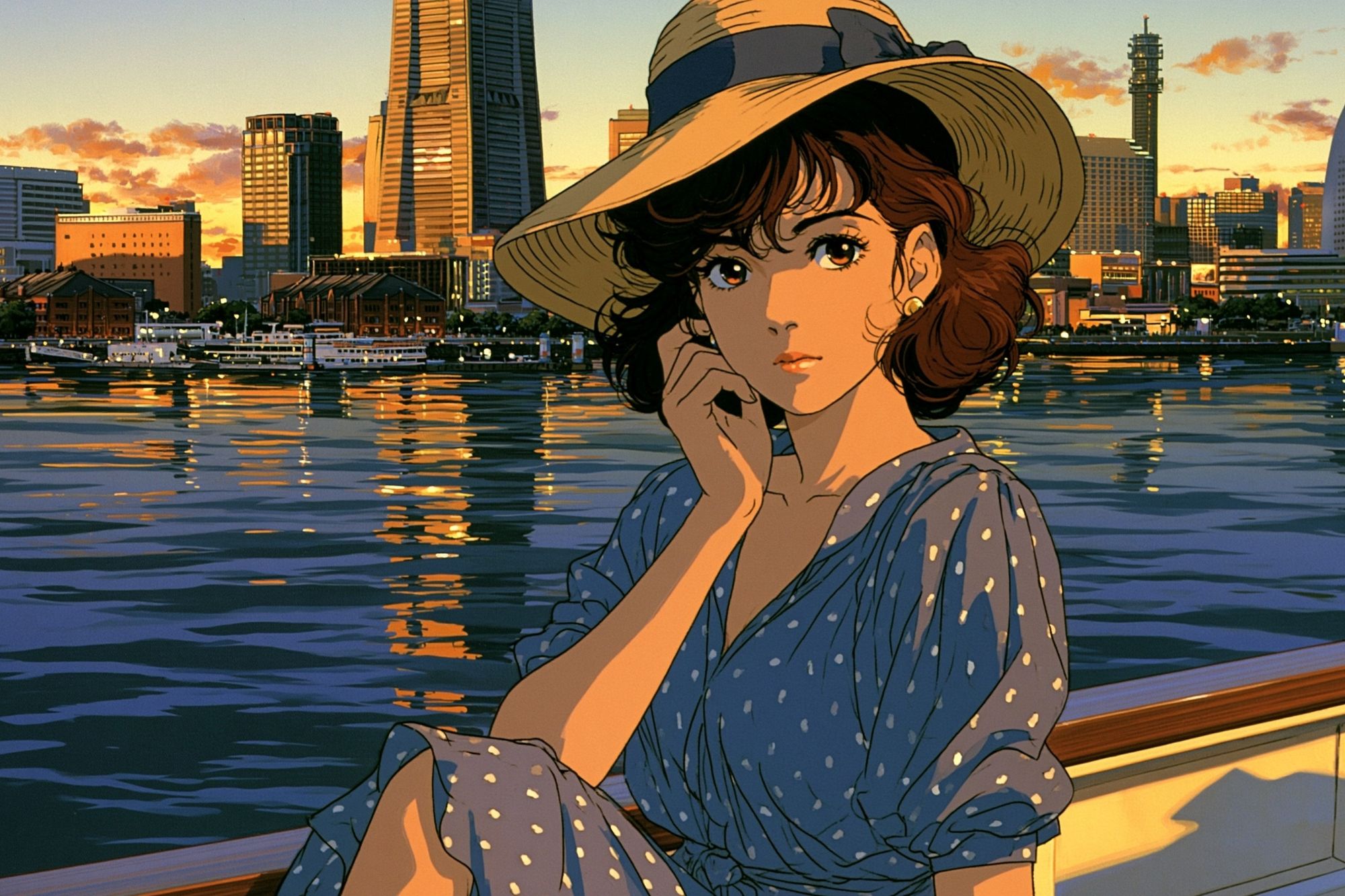 Sunset Harbor Girl Illustration Poster. poster detail