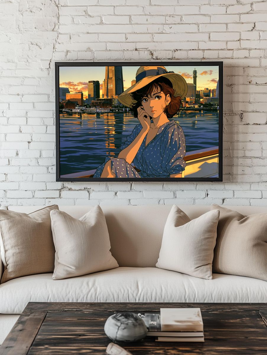 Sunset Harbor Girl Illustration Poster. room preview