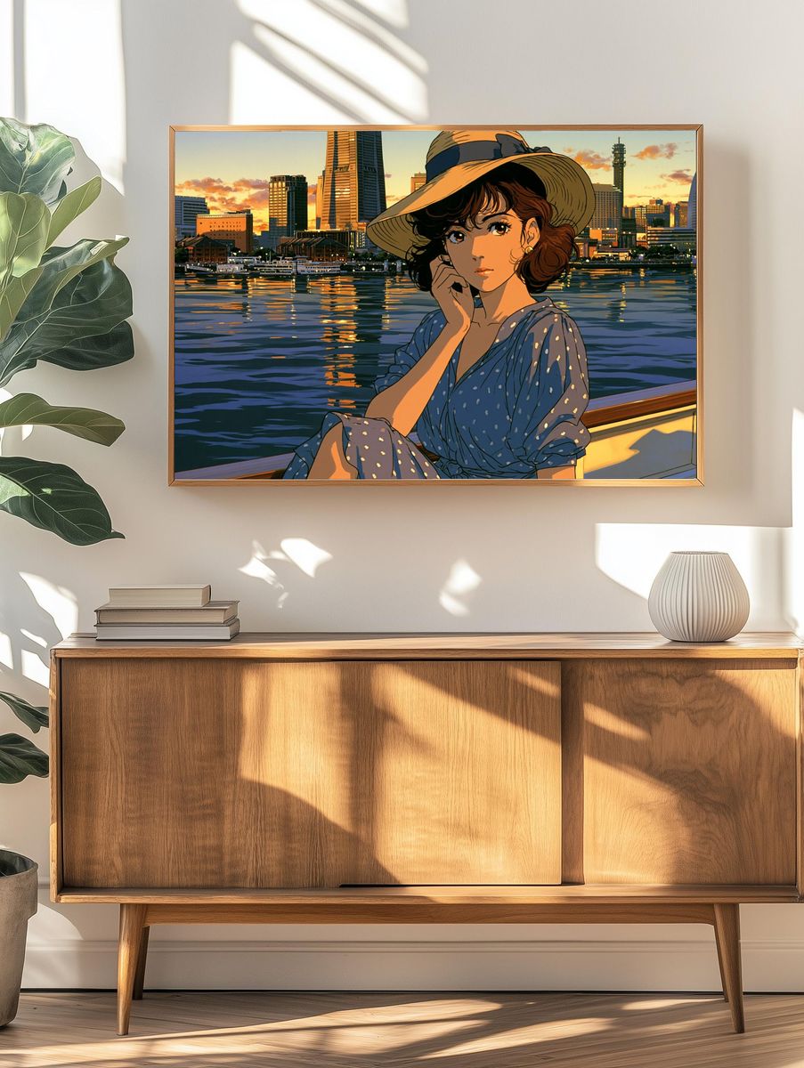Sunset Harbor Girl Illustration Poster. — room view 3