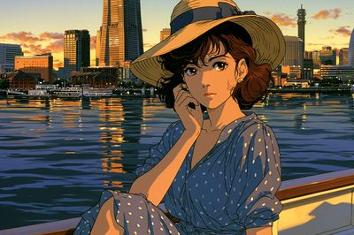 Sunset Harbor Girl Illustration Poster. poster print