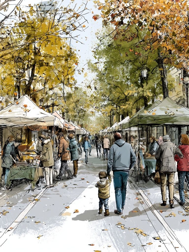 Autumn Market Street Illustration Poster. poster detail