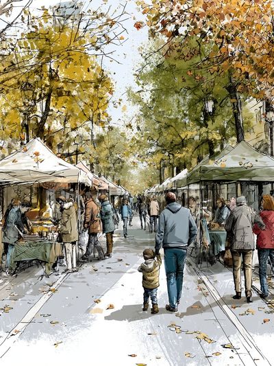 Autumn Market Street Illustration Poster. poster