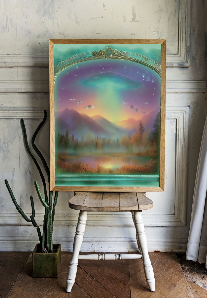 Surreal UFO Landscape Print. room preview